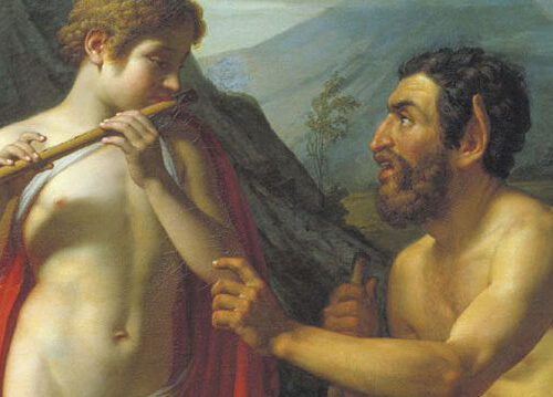 Marsyas teaches young Olympus playing the flute Painting by Pyotr Vasilyevich Basin