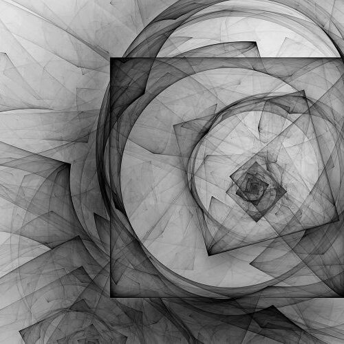 Black and white abstracted image of layers of circles and squares