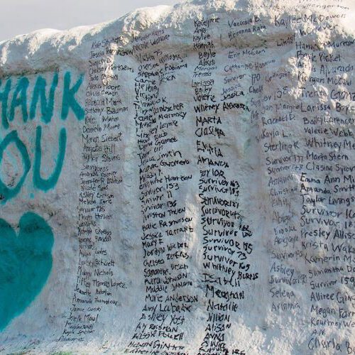 Survivors names painted on the MSU Rock