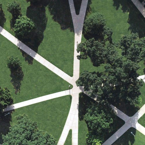 Aerial view of the center of MSU campus with intersecting pathways and trees.