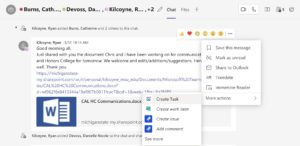 Conversation in the Teams application, with the Create Task option selected to demonstrate how easy it is to set up a To Do linked to a Teams chat.