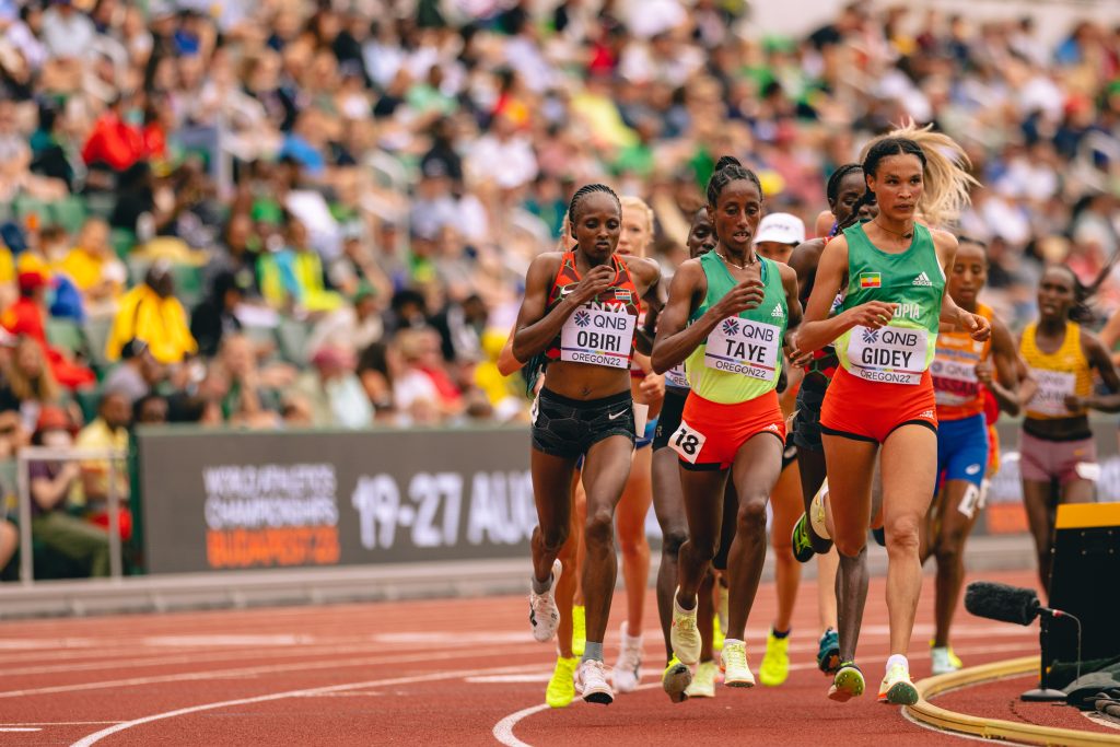 Athletes competing in the women’s 10,000 metres race at the 2022 World Athletics Championships at Hayward Field in Eugene, Oregon.
