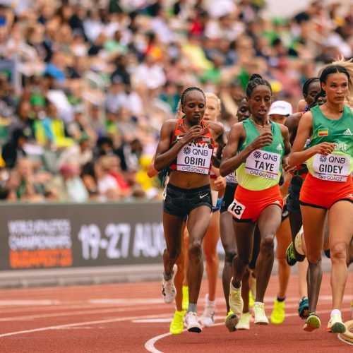 Athletes competing in the women’s 10,000 metres race at the 2022 World Athletics Championships at Hayward Field in Eugene, Oregon.