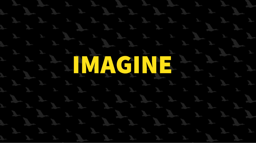 The word ‘Imagine’ in yellow text over a black background patterned with flying ducks.